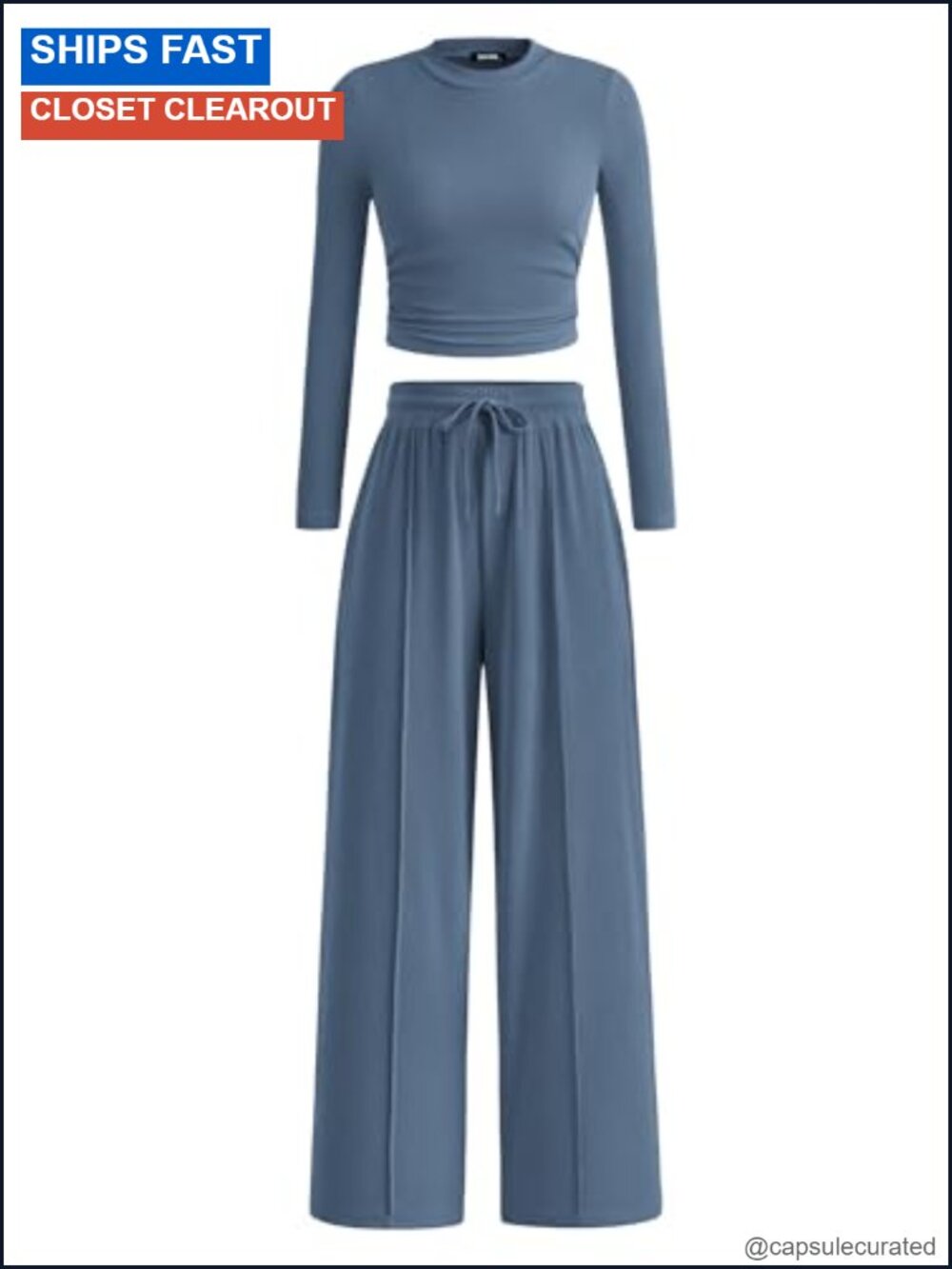 Ribbed 2 Piece Set Long Sleeve Crop Top Wide Leg Pants Lounge Set
